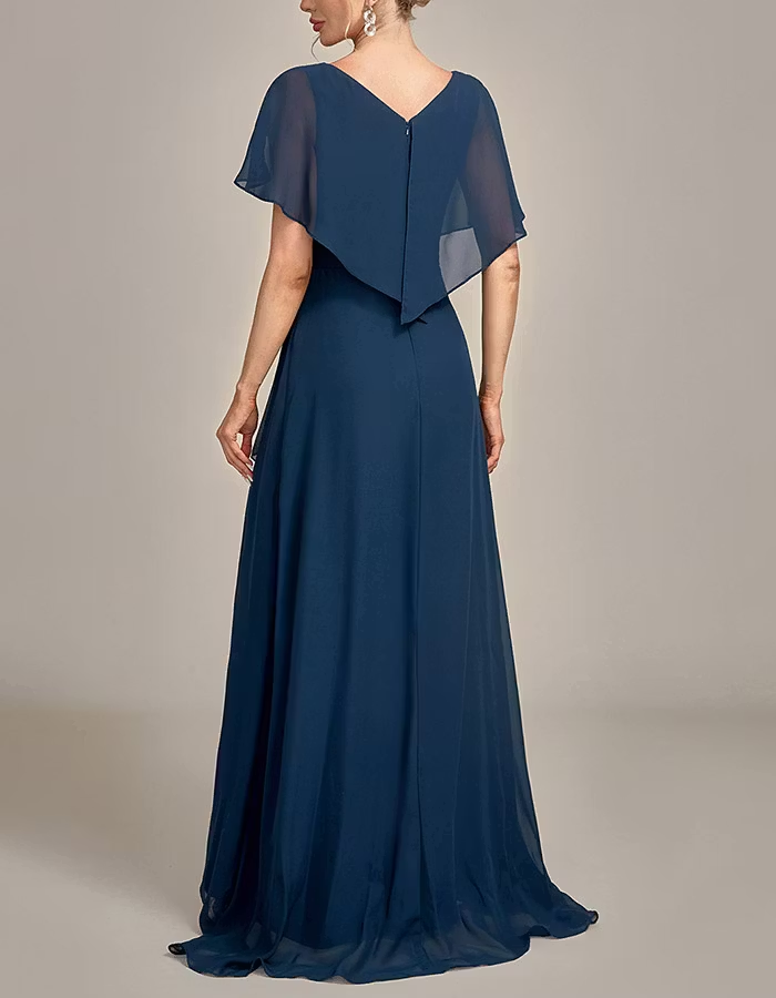 Navy Blue Beaded V-Neck High-Low Chiffon Maxi Dress