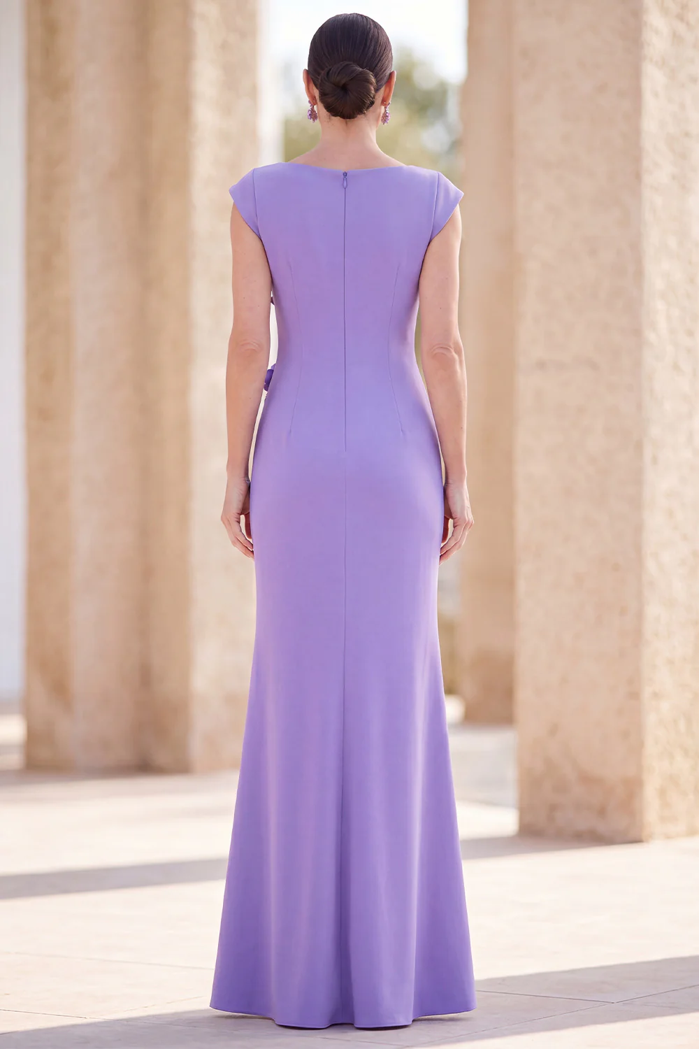 Cap Sleeve Floral Applique Ruched Mermaid Maxi Dress