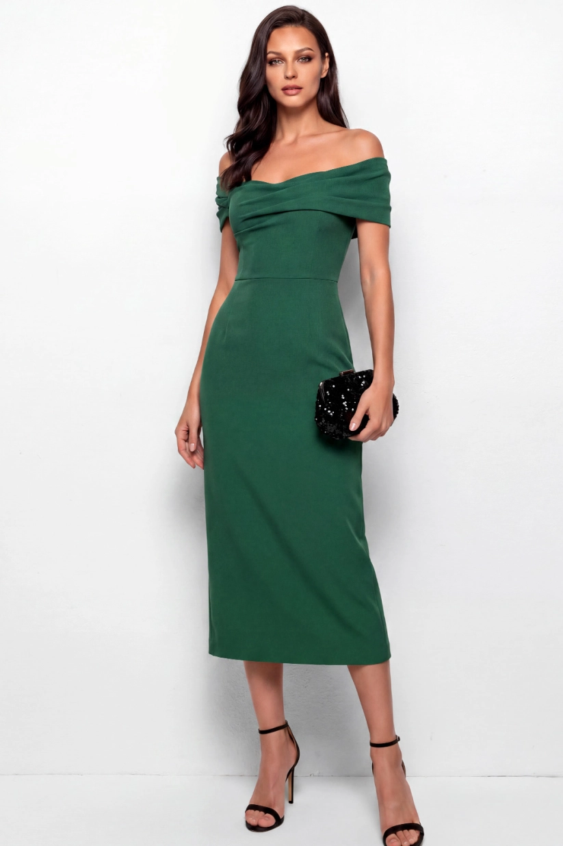 Dark Green Off Shoulder Sheath Midi Dress