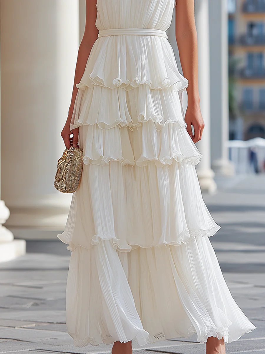 Pleated Halter Neck Tiered Ruffle Maxi Dress