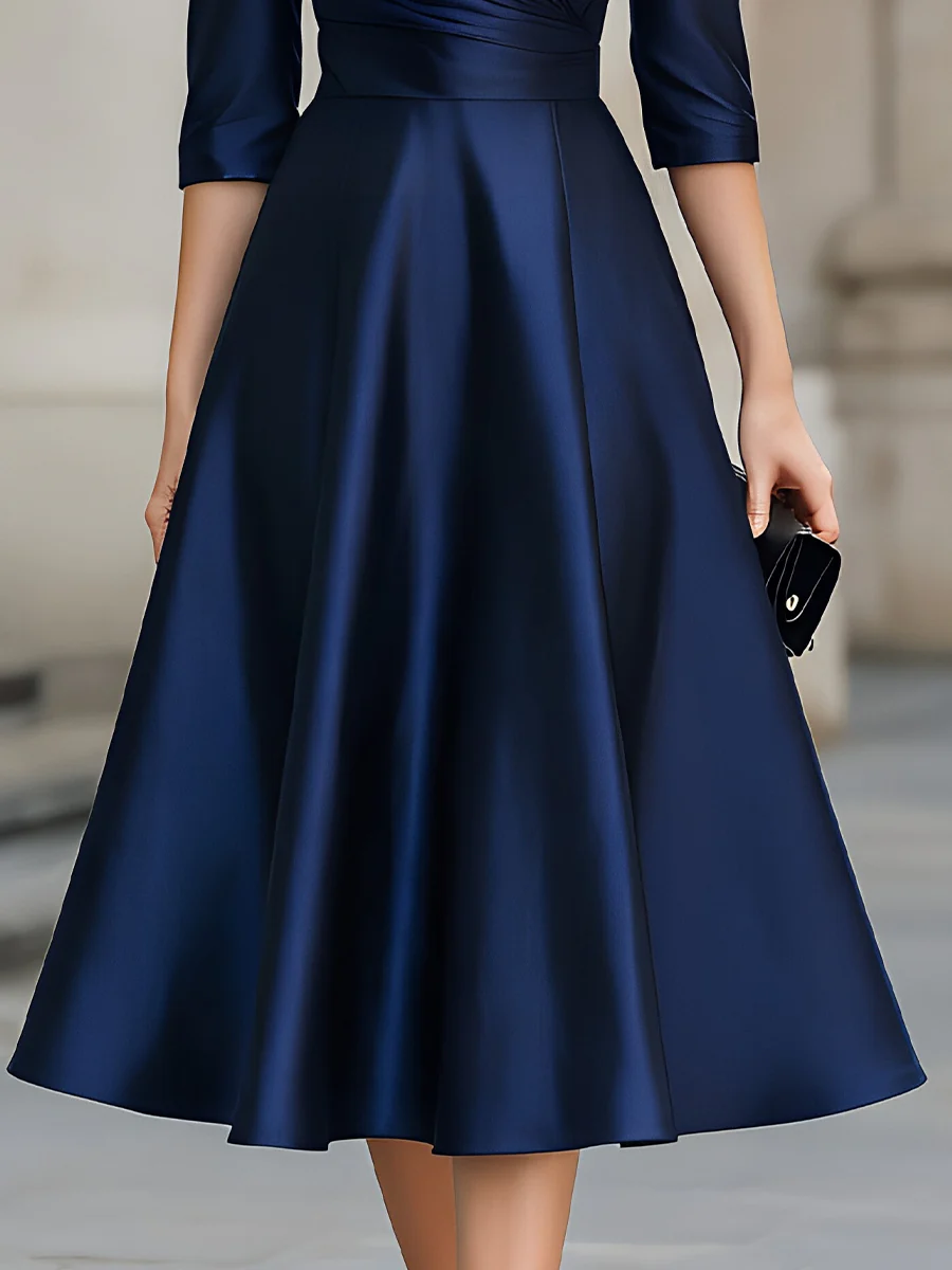 Satin Blazer-Collar Wrap-Waist A-Line Midi Dress