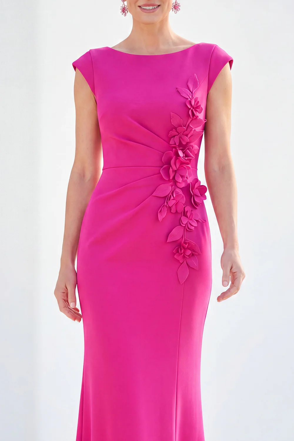 Cap Sleeve Floral Applique Ruched Mermaid Maxi Dress