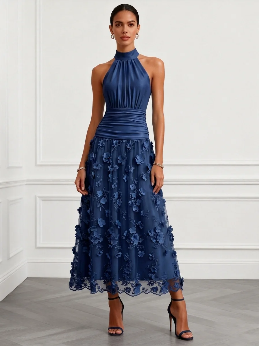 3D Floral Embroidery Classic Halter Neck Sleeveless A-Line Maxi Dress