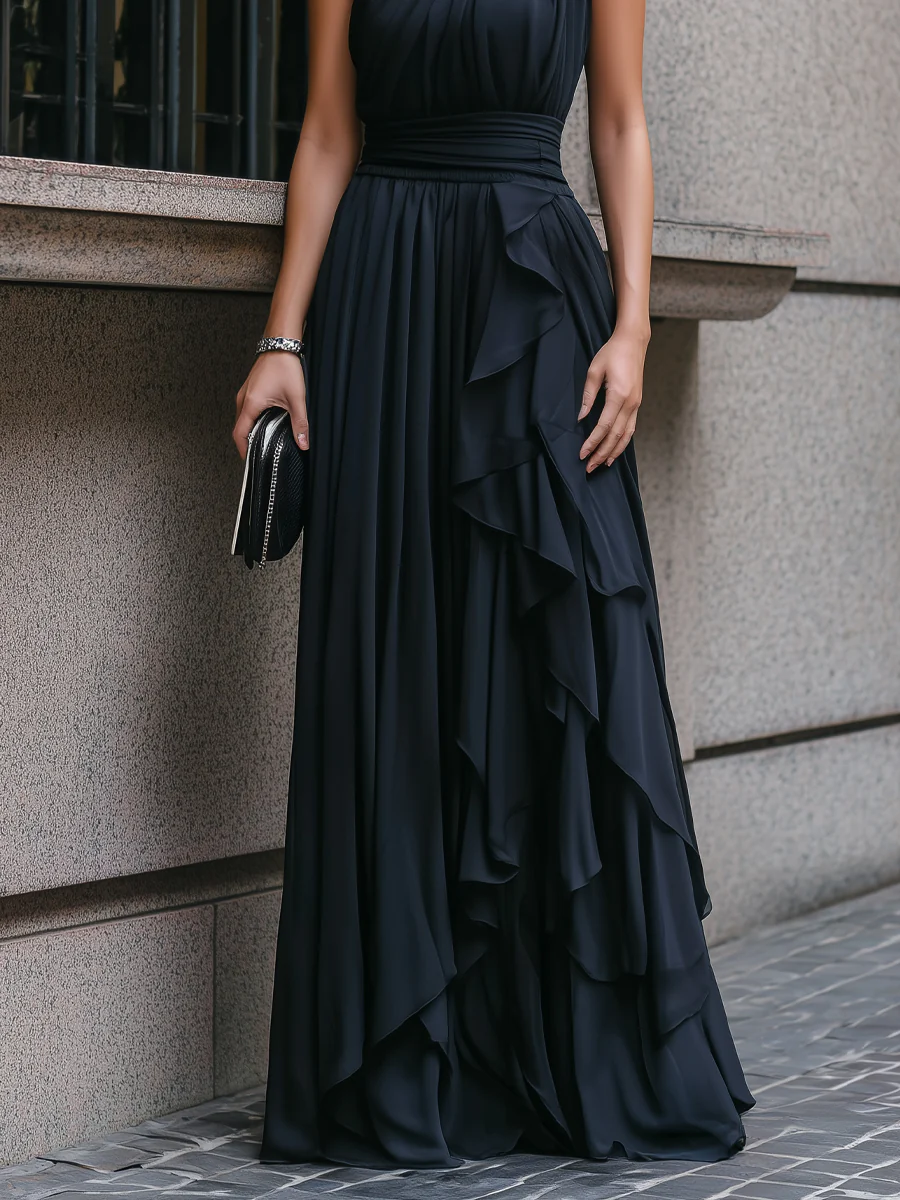 One-Shoulder Asymmetrical Chiffon Ruffles Maxi Gown