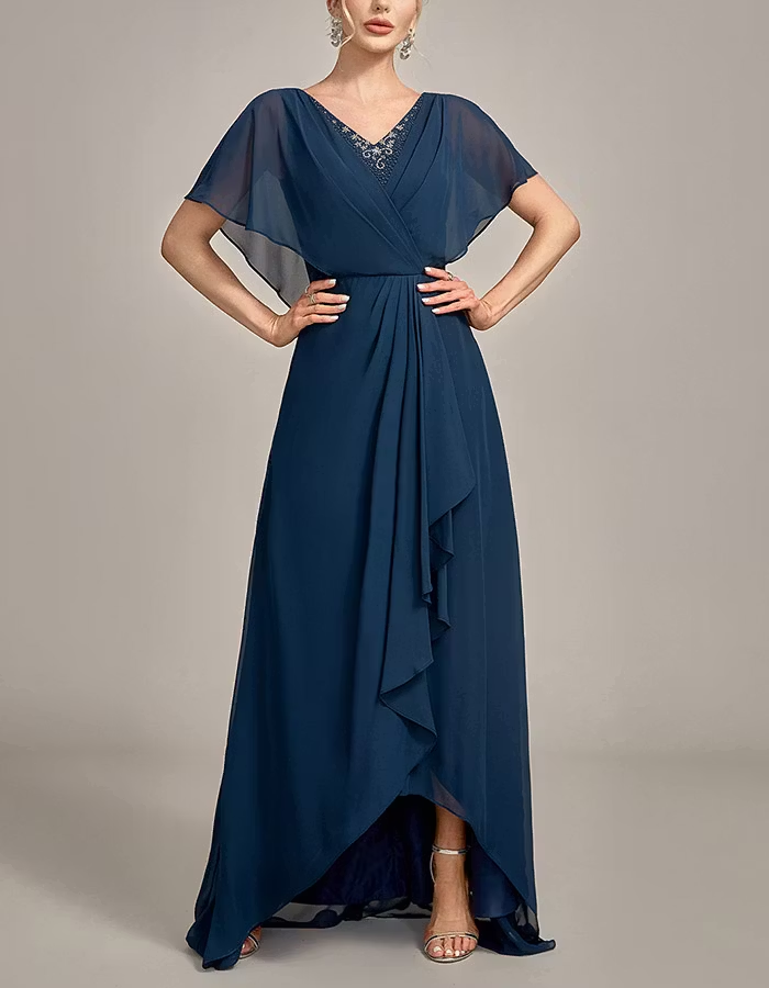 Navy Blue Beaded V-Neck High-Low Chiffon Maxi Dress