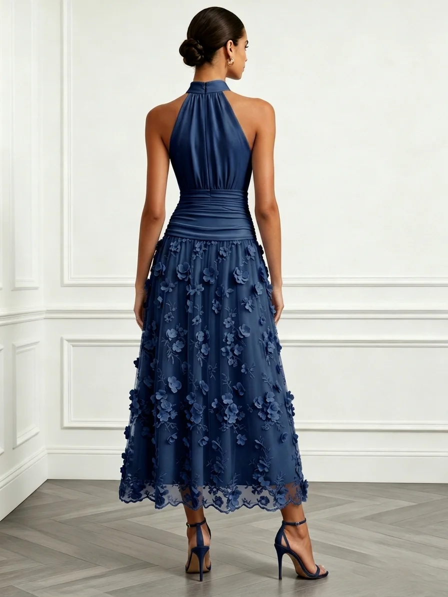 3D Floral Embroidery Classic Halter Neck Sleeveless A-Line Maxi Dress