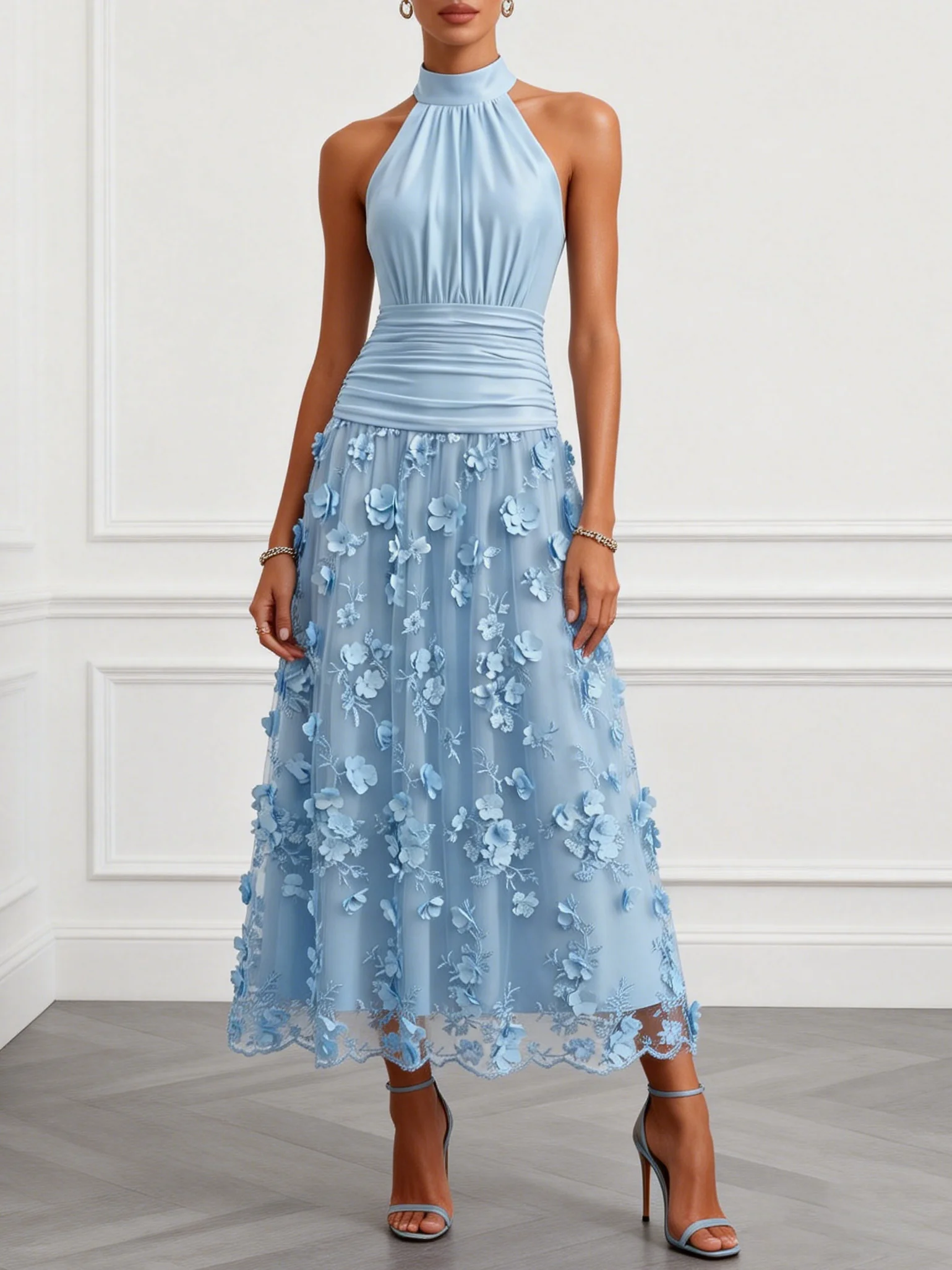 3D Floral Embroidery Classic Halter Neck Sleeveless A-Line Maxi Dress