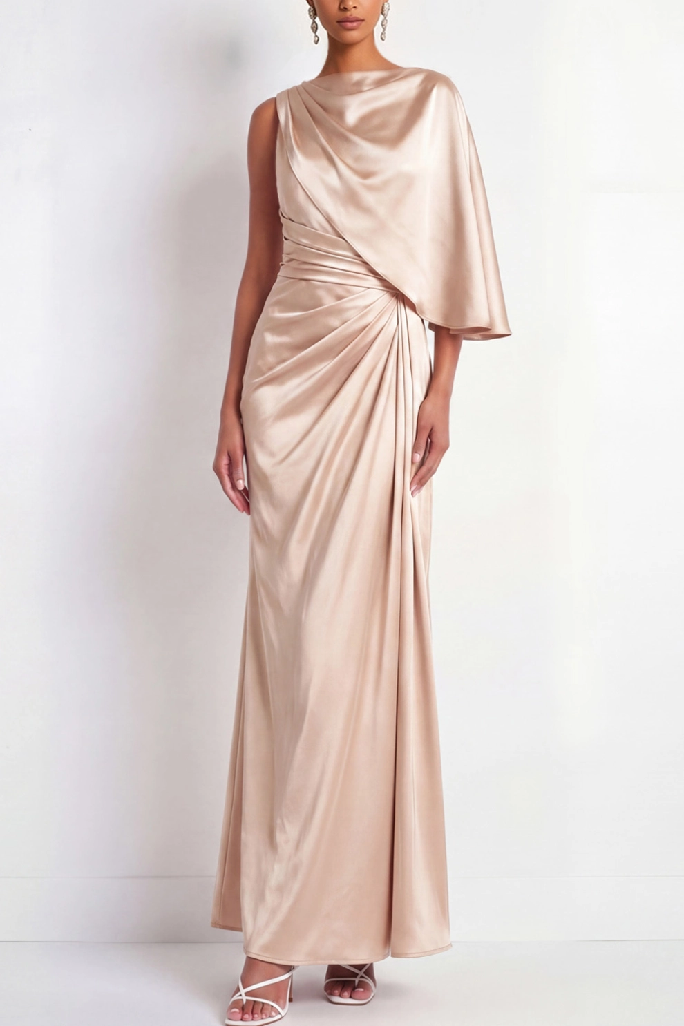 Champagne Mermaid Ruched Satin with Slit Maxi Dress