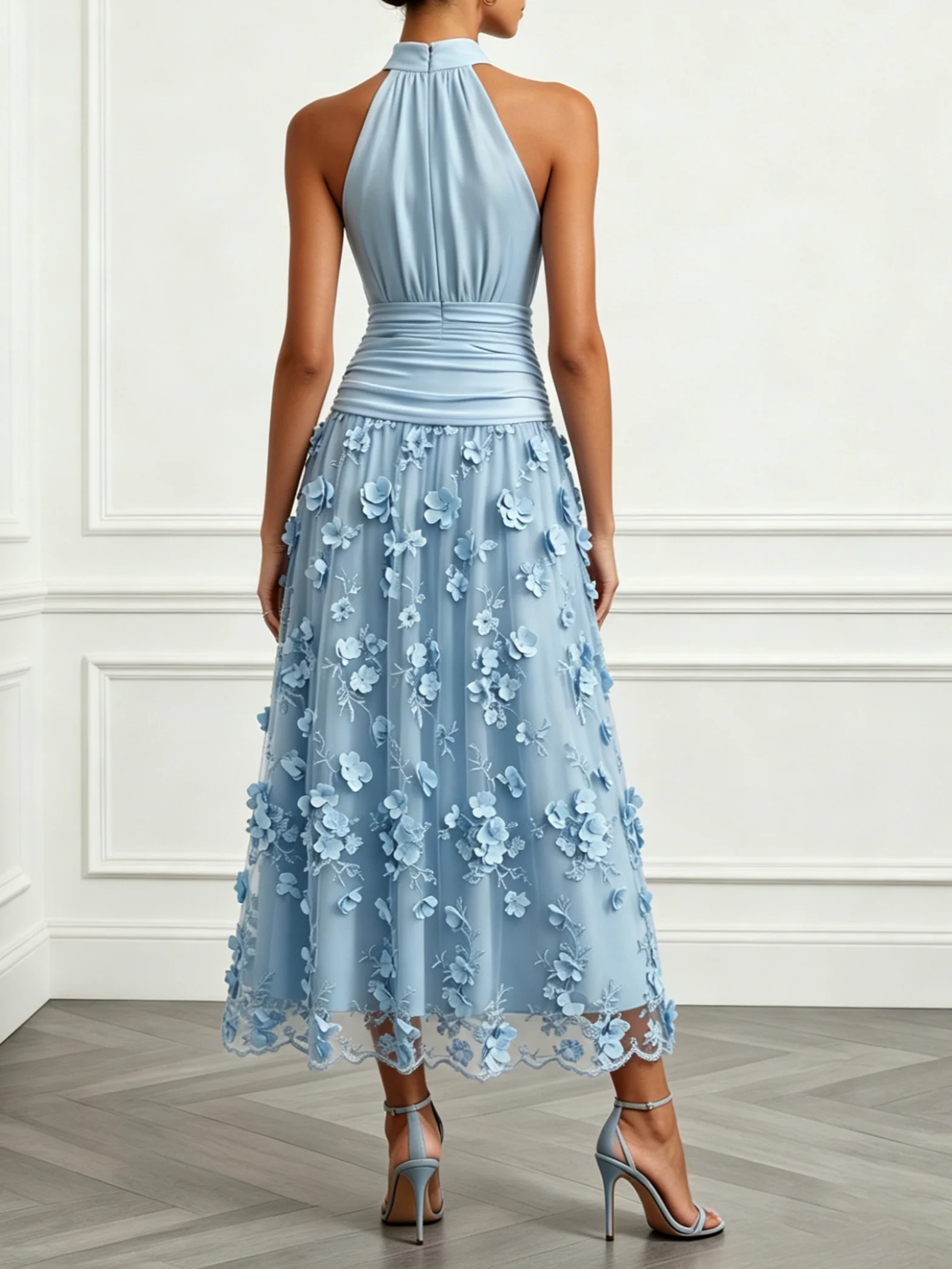 3D Floral Embroidery Classic Halter Neck Sleeveless A-Line Maxi Dress