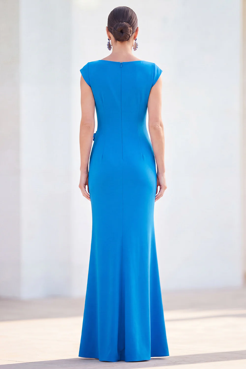 Cap Sleeve Floral Applique Ruched Mermaid Maxi Dress