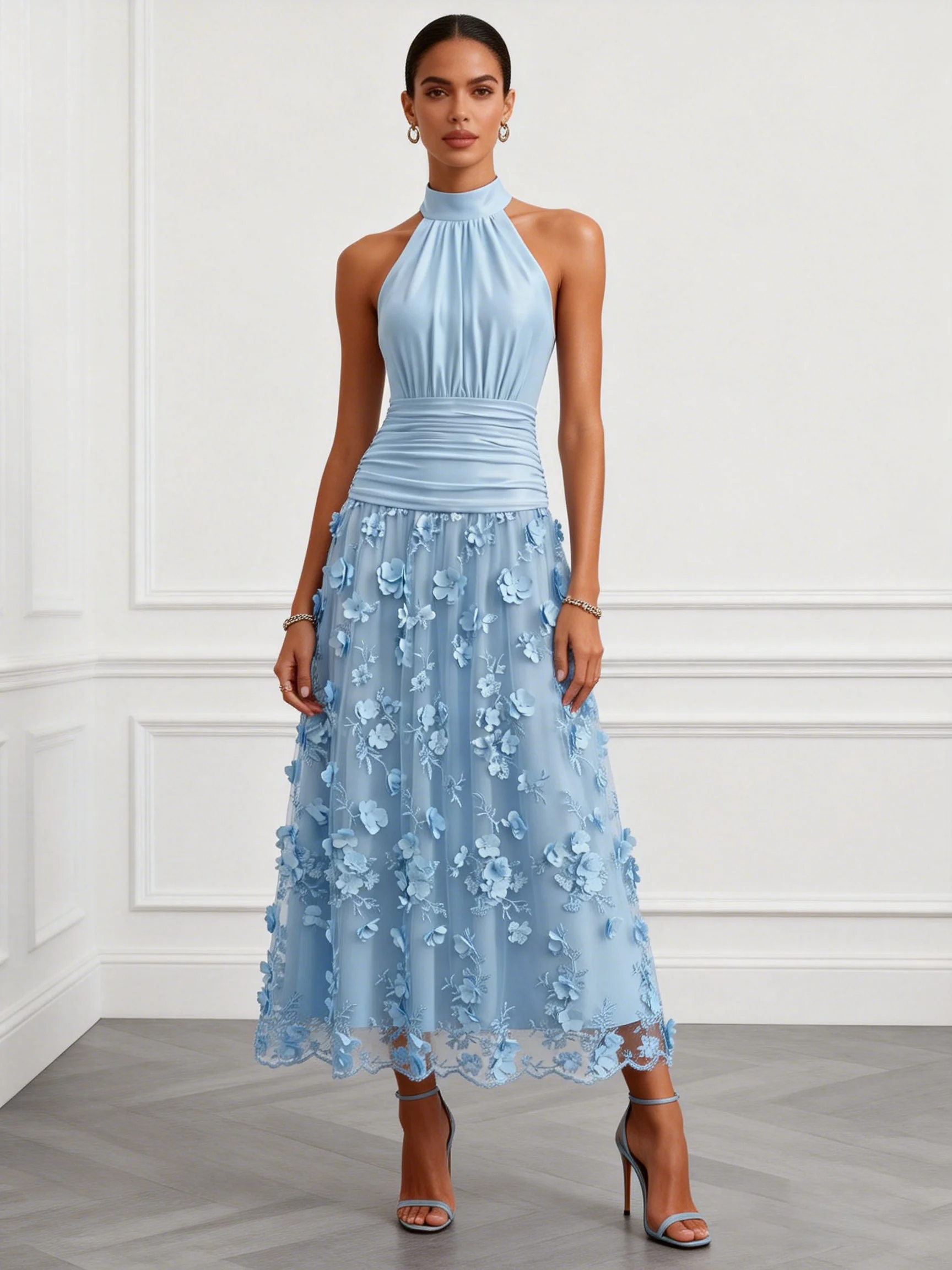 3D Floral Embroidery Classic Halter Neck Sleeveless A-Line Maxi Dress