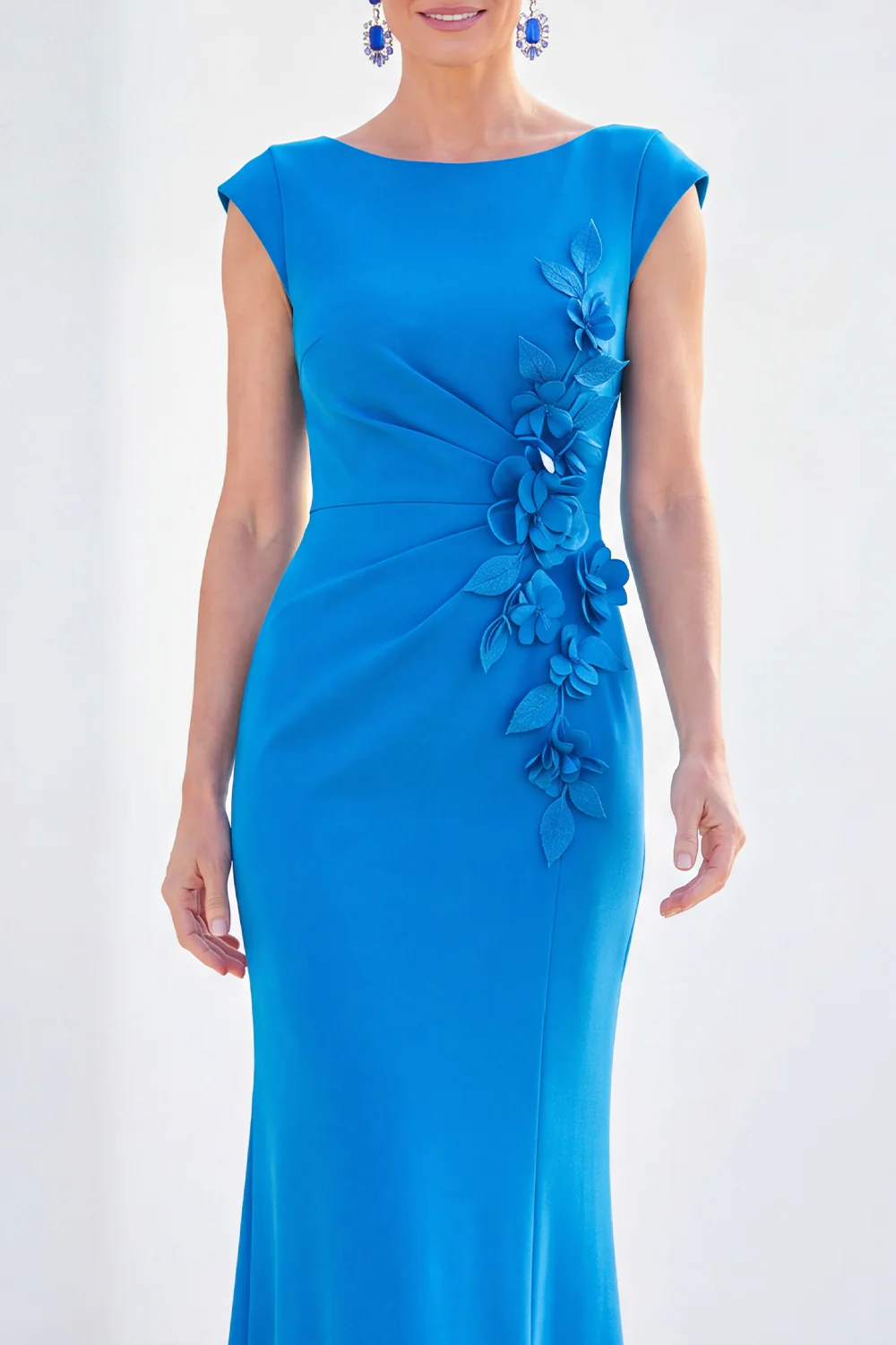 Cap Sleeve Floral Applique Ruched Mermaid Maxi Dress