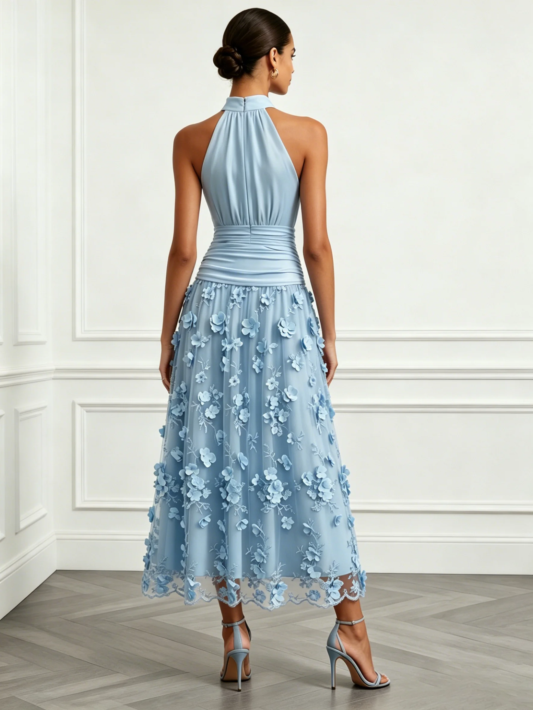 3D Floral Embroidery Classic Halter Neck Sleeveless A-Line Maxi Dress