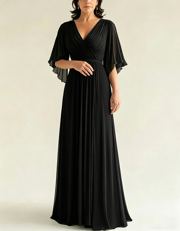 Grey Green Chiffon V-Neck Flutter Sleeves Maxi Dress
