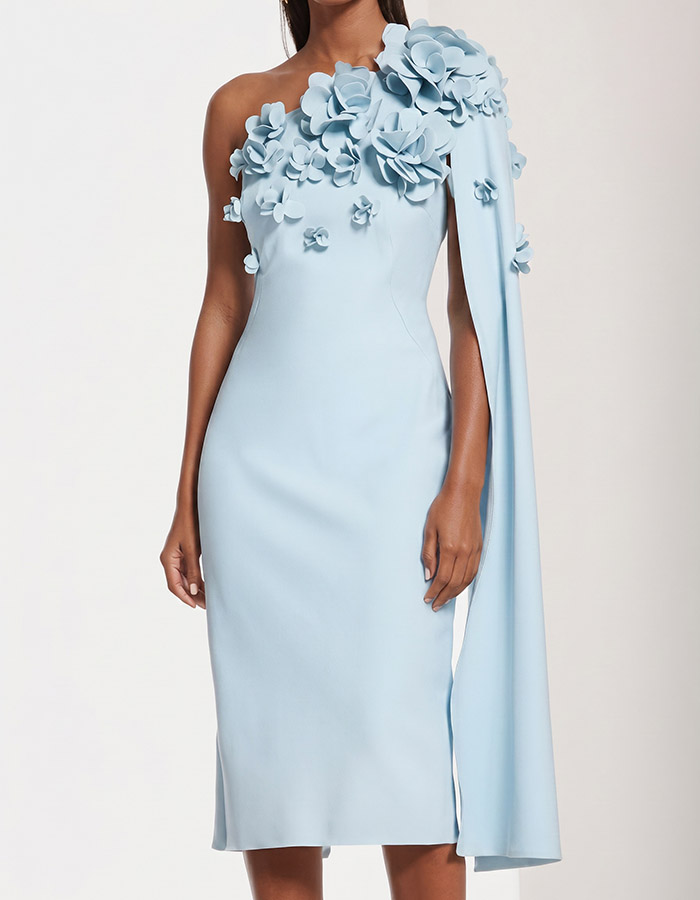 Light Blue One-Shoulder Floral Appliqué Cape Sleeve Midi Dress