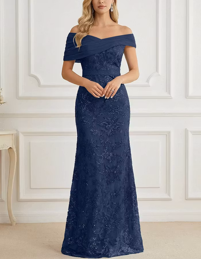 Off-the-Shoulder Chiffon & Sequin Mesh Maxi Dress