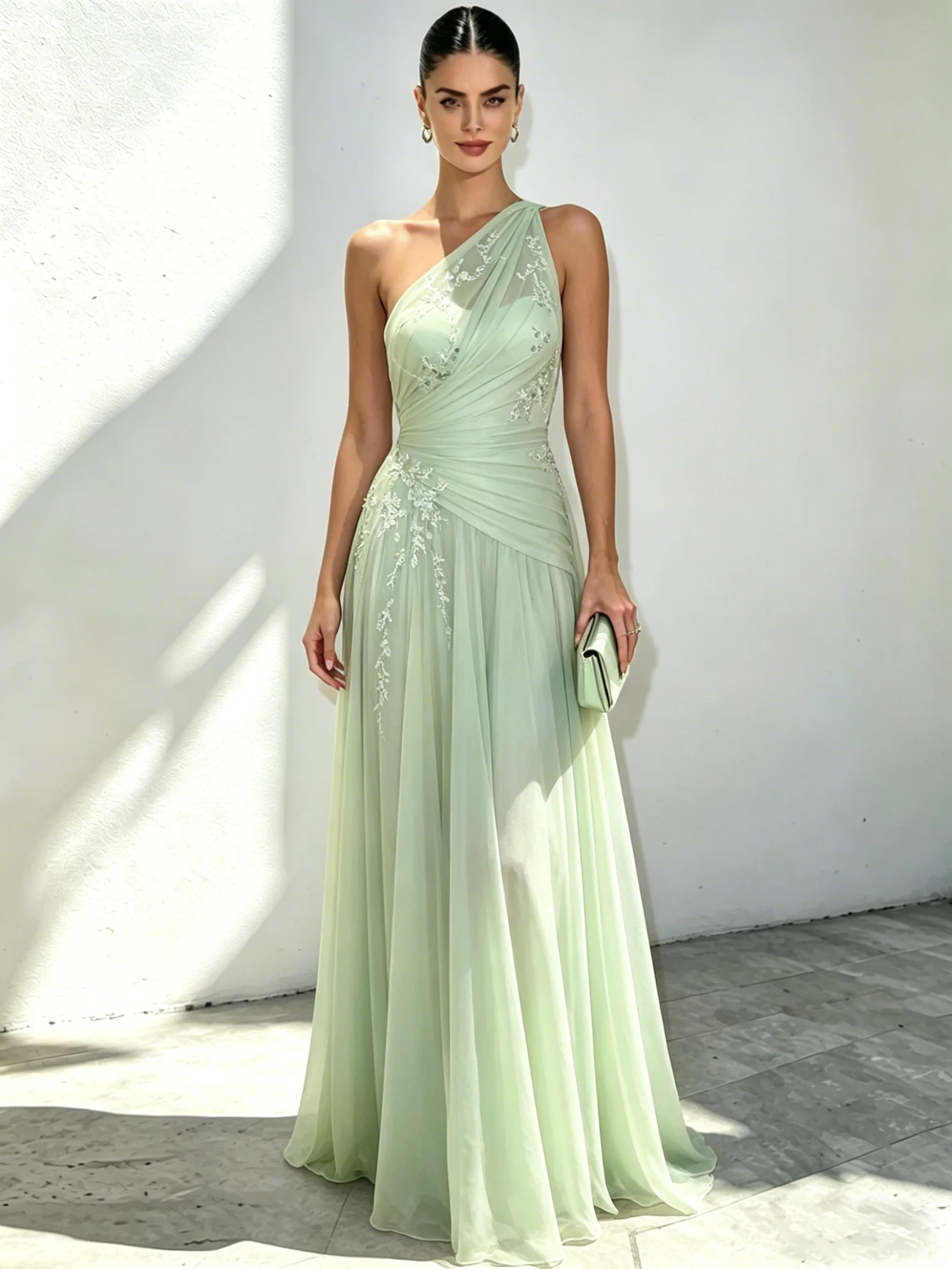 Lightgreen Applique 3D Floral Chiffon One Shoulder Sleeveless A-Line Floor Length Dress