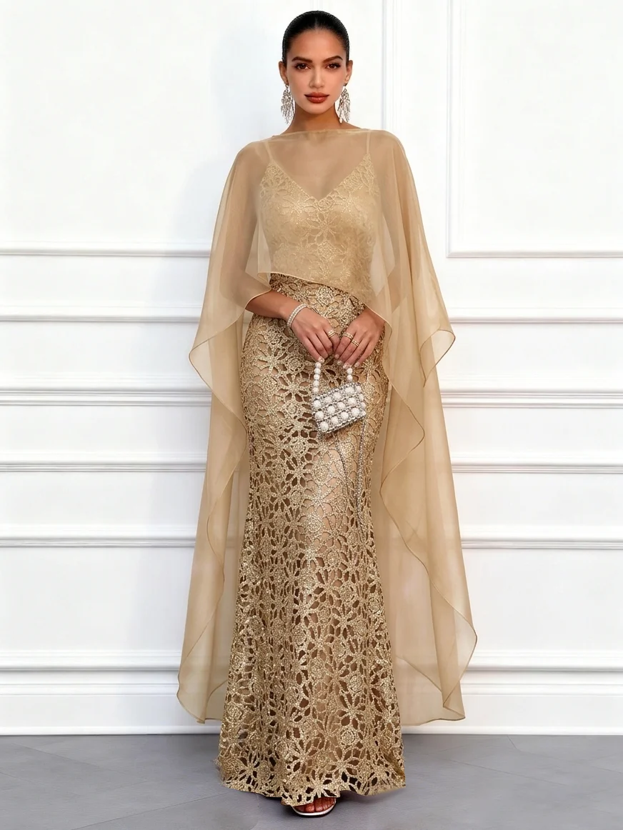 Champagne Lace Classic Boat Neck Cap Sleeve Mermaid Floor Length Dress