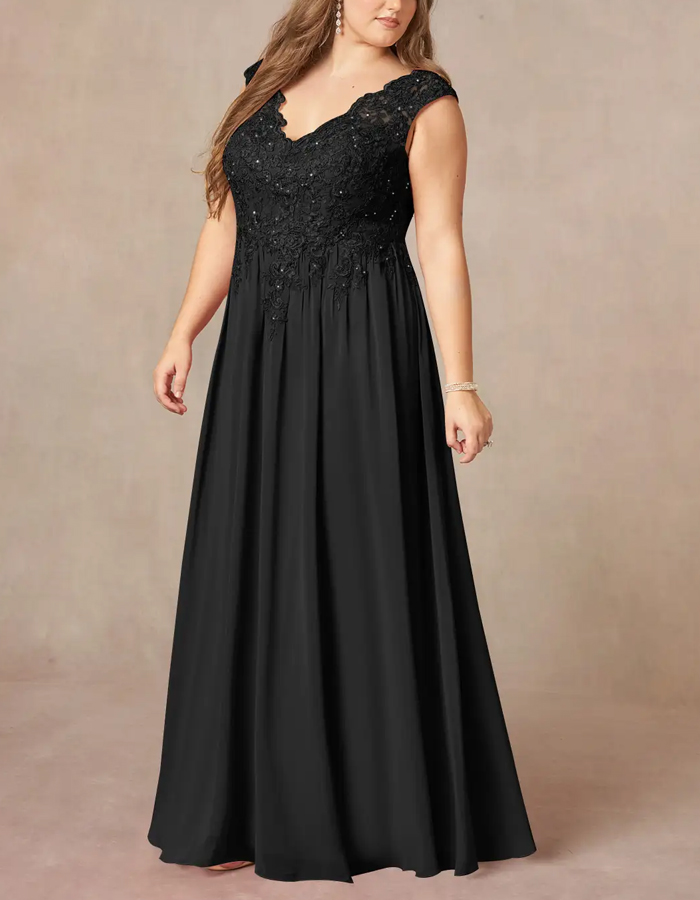 Black Sequined Chiffon A-Line V-Neck Maxi Dress