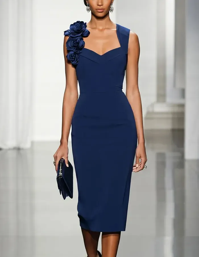 One-Shoulder Blended 3D Floral Midi Dress