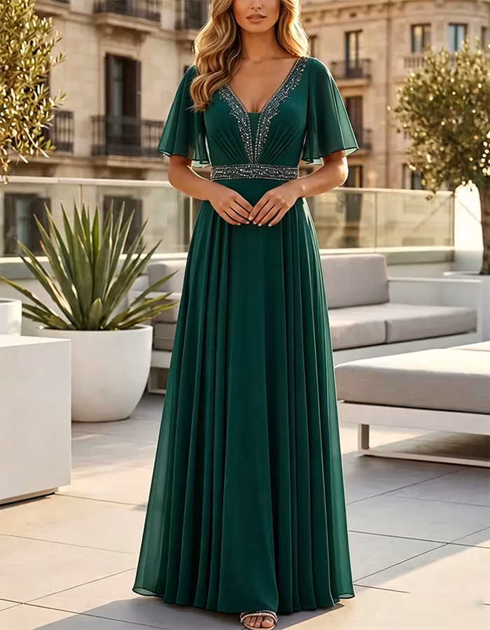 Dusty Blue Sequined Flutter Sleeve Chiffon Maxi Dress
