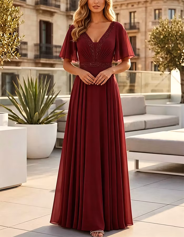 Dusty Blue Sequined Flutter Sleeve Chiffon Maxi Dress