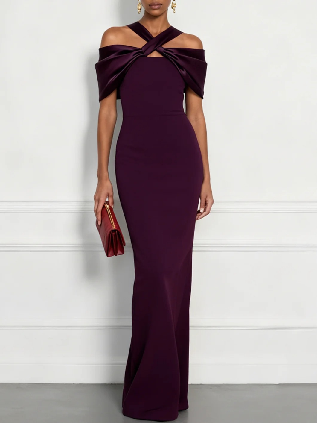 Burgundy Cross Split Joint Classic Off The Shoulder Sleeveless Sheath Maxi Dress
