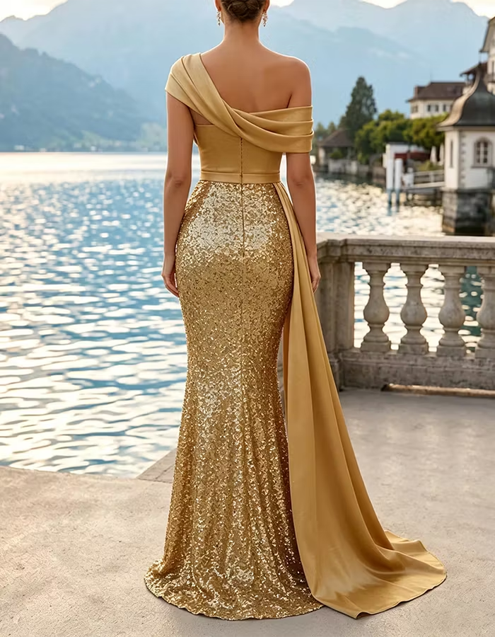 Gold Satin & Sequin Off-the-Shoulder Mermaid Maxi Dress