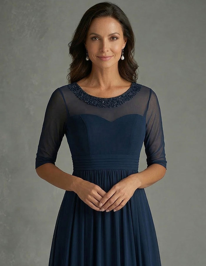 Navy Blue Mesh Sequined Waist Maxi Dress