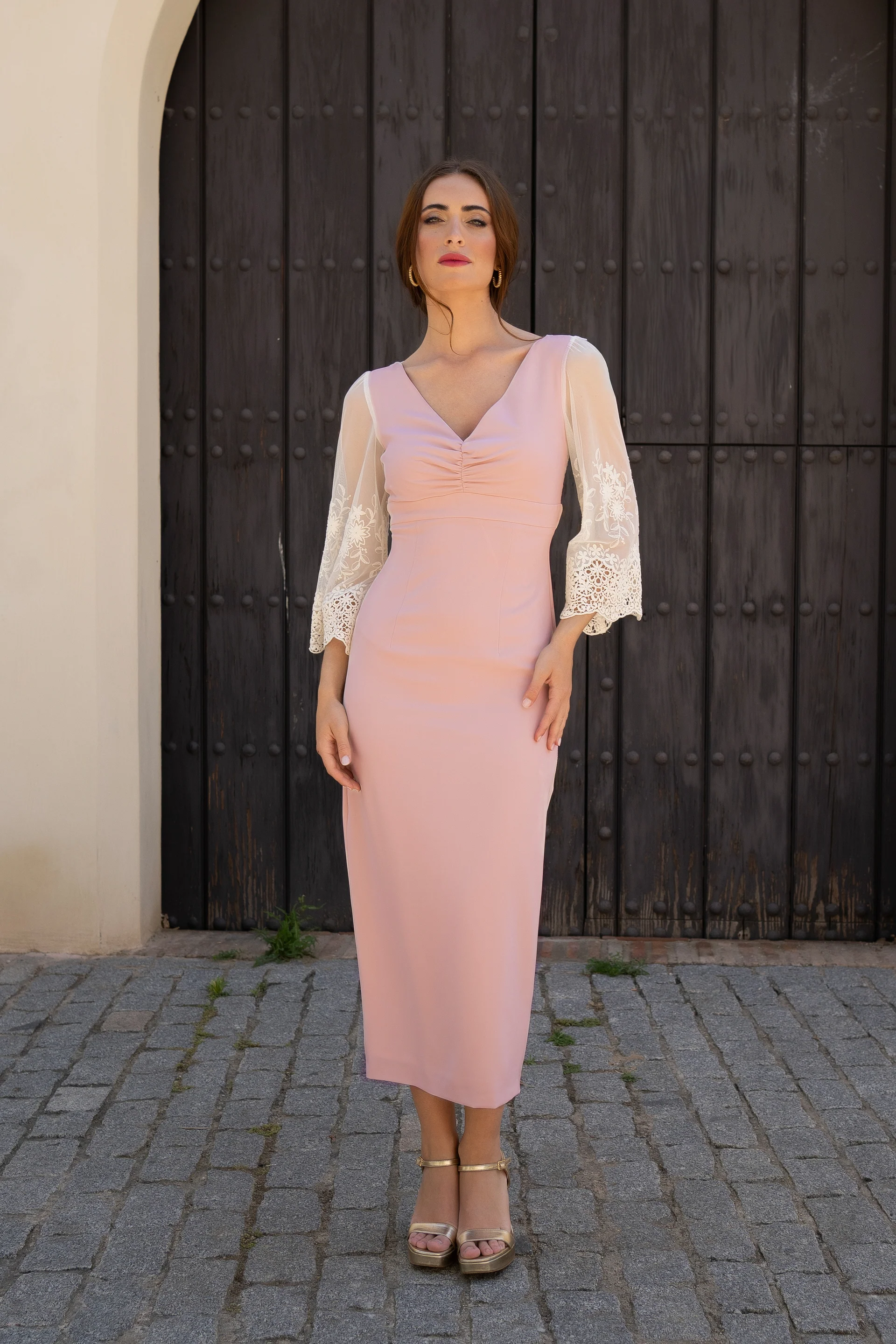 Sophisticated Sheath Dress with Embroidered Tulle Sleeves