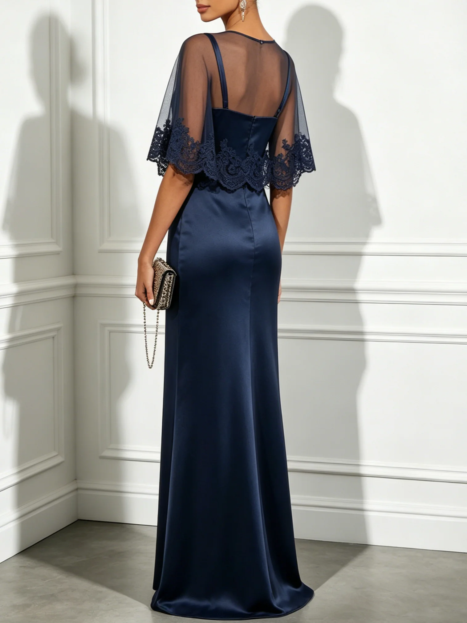 Navy Blue Lace Mesh Satin Crew Neck Cap Sleeve Sheath Floor-length Gown Dress