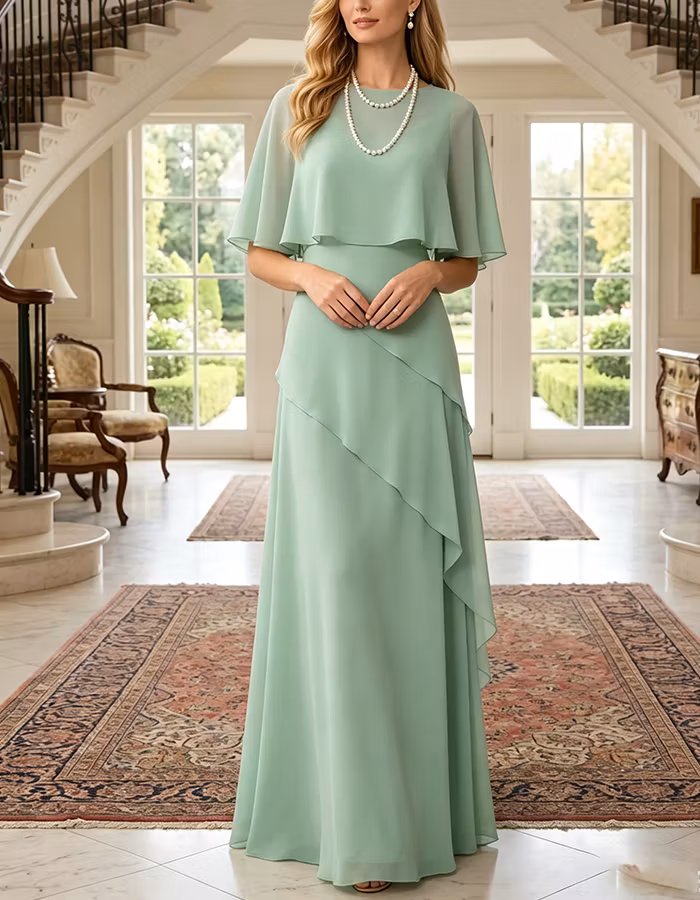 Light Green Round Neck Capelet Chiffon Maxi Dress