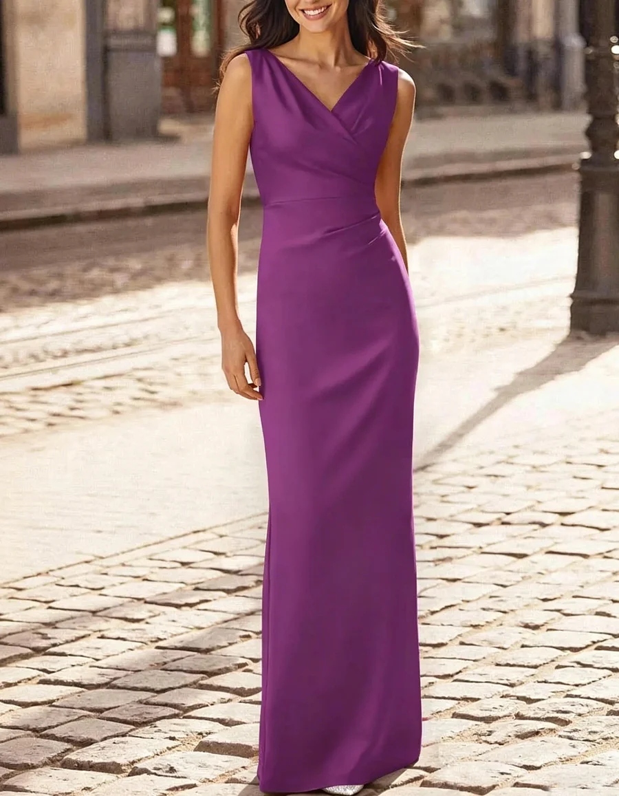 Satin V-neck fitted waist slit straight maxi dress
