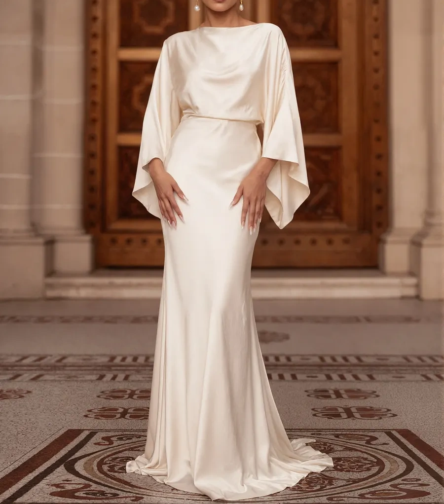 White Satin Batwing Sleeves Maxi Dress