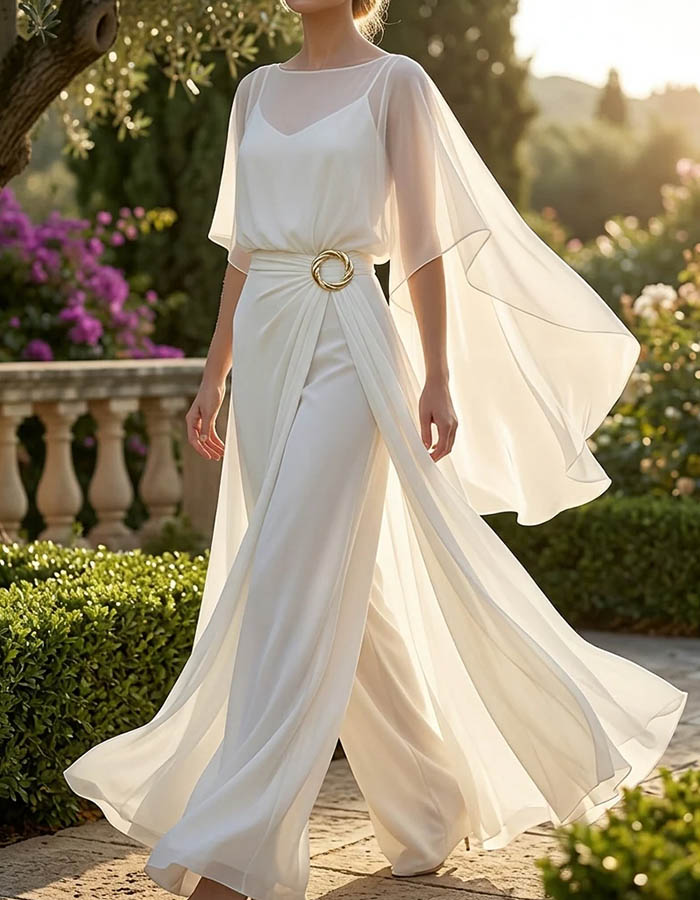 Elegant Chiffon Cape Sleeve Belted Wide Leg Jumpsuit
