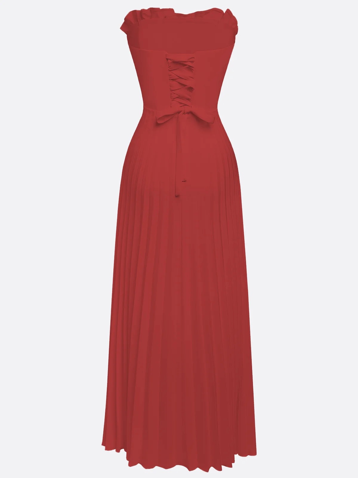 Red Pleated Classic Strapless Sleeveless A-Line Maxi Dress