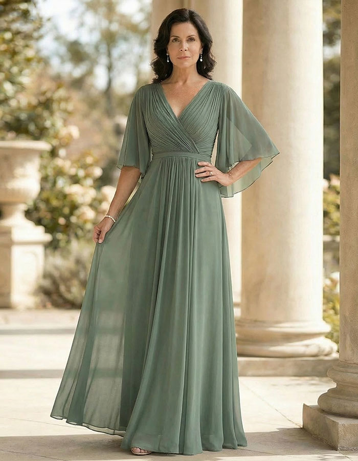 Grey Green Chiffon V-Neck Flutter Sleeves Maxi Dress