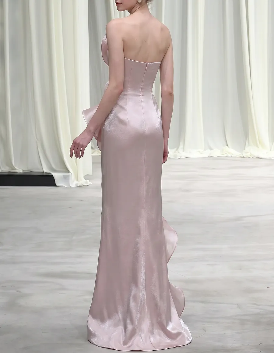 Pink Satin Exaggerated Ruffled Fishtail Maxi Dress