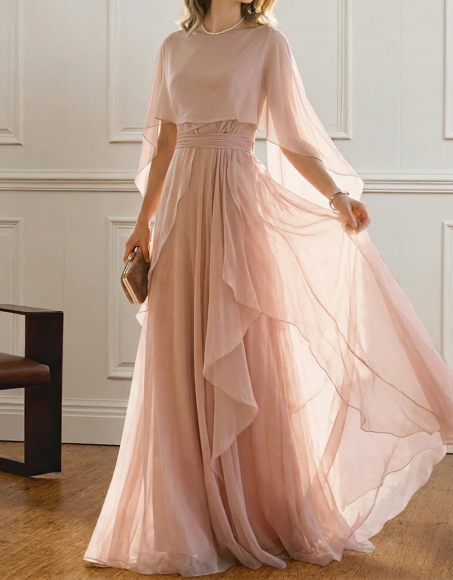 Pink Chiffon Round Neck Shawl Two-Piece Maxi Dress