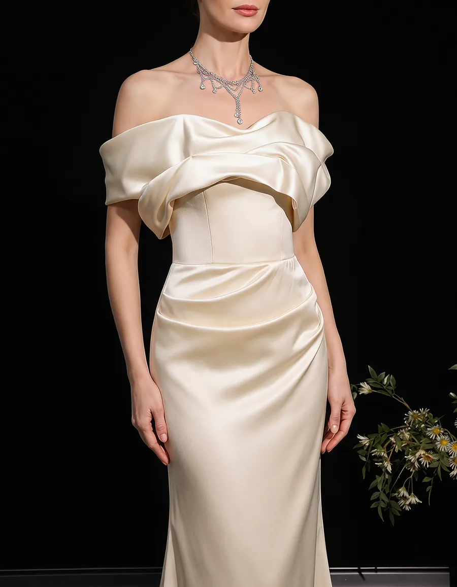 Light Champagne Satin Off-The-Shoulder Fishtail Maxi Dress