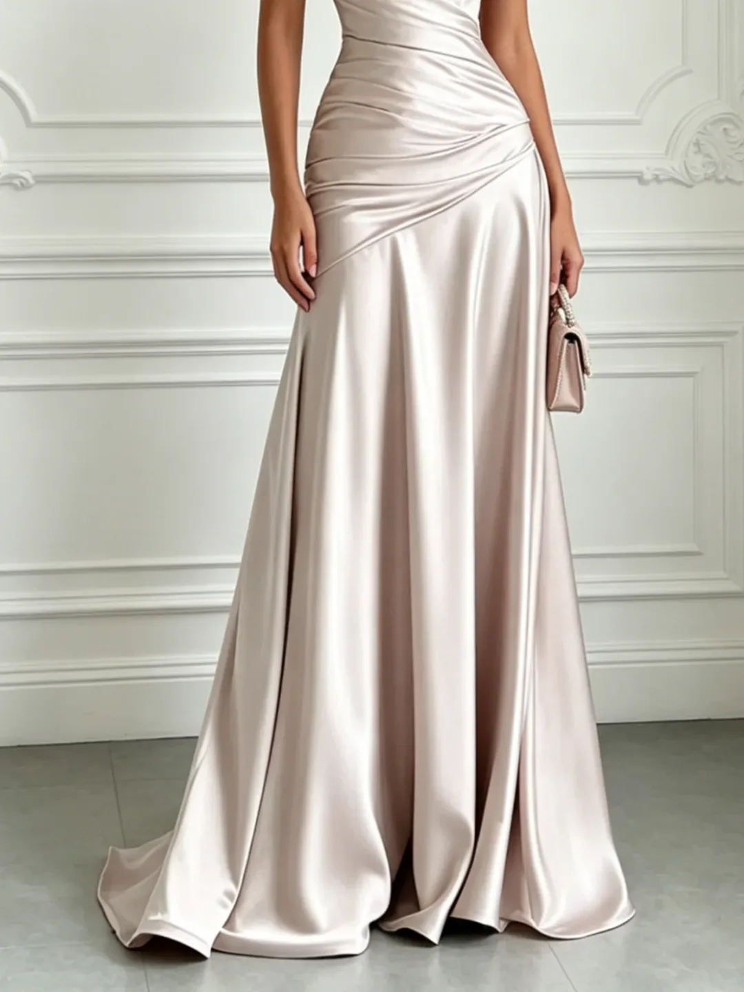 Champagne Off-The-Shoulder Ruched Satin Gown with Train