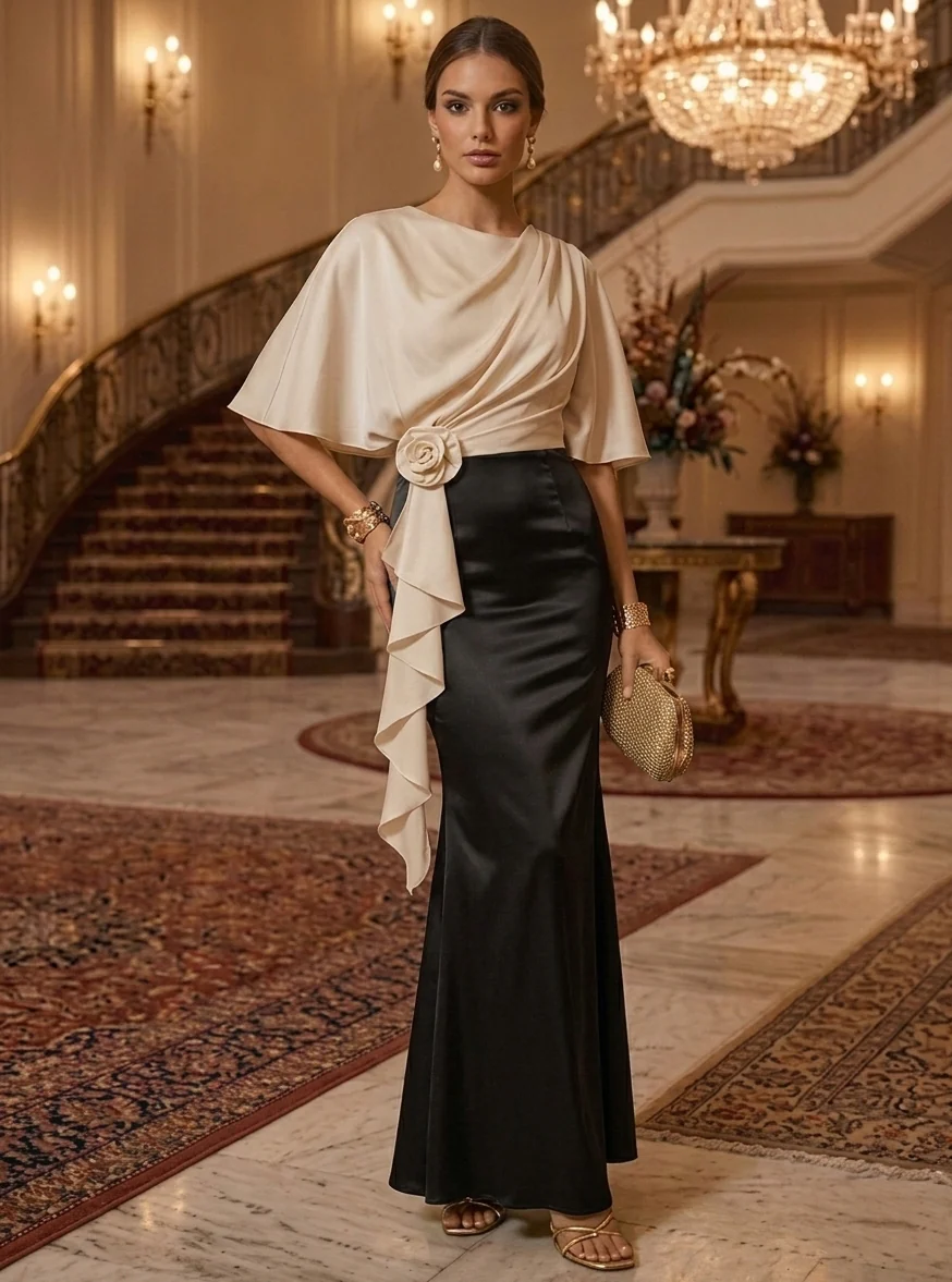 Sheath Scoop Silk Satin with 3D Flower Cape Sleeves Maxi Dresses