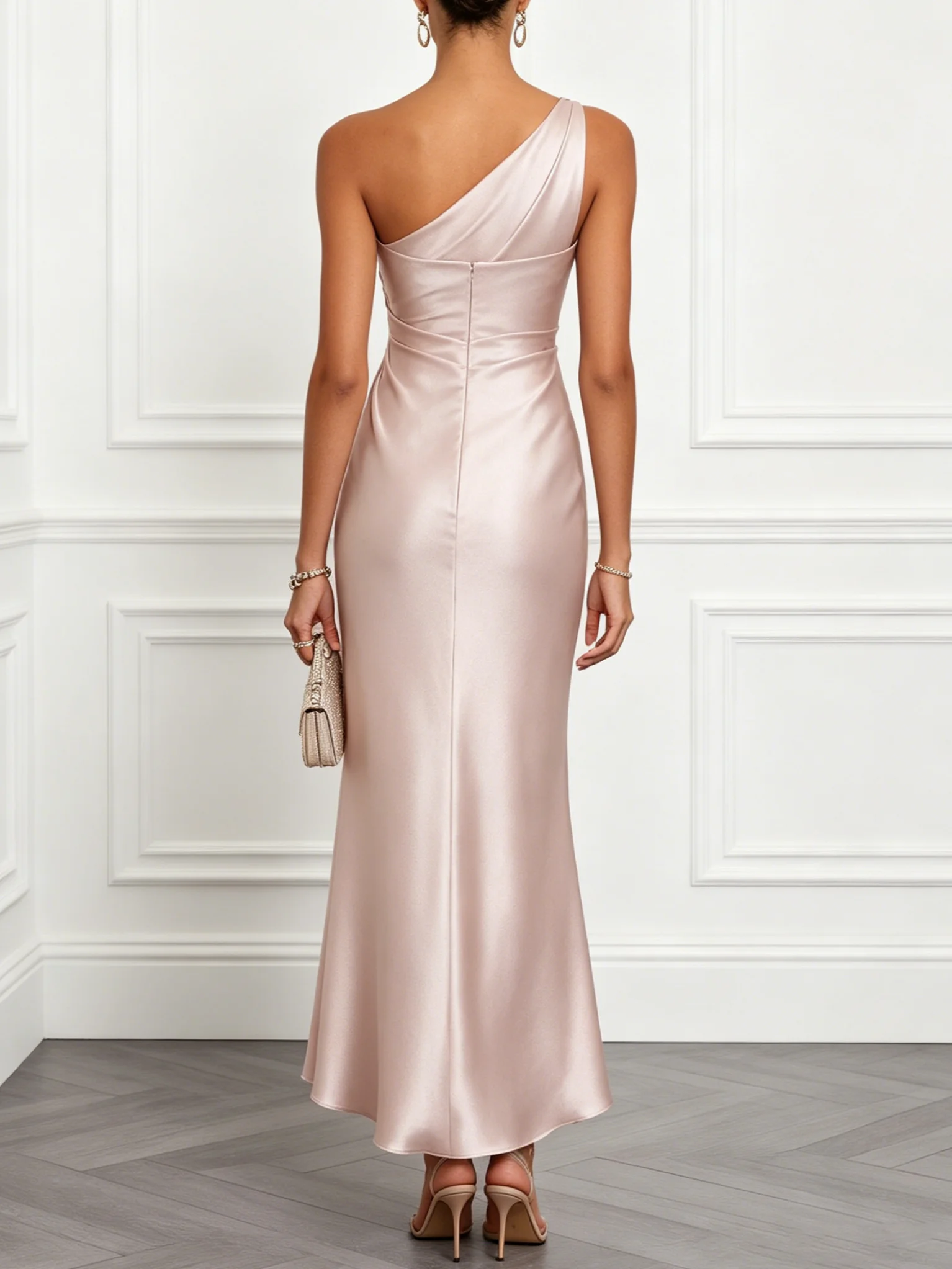 Light Pink Ruched Satin One Shoulder Sleeveless Mermaid Maxi Dress