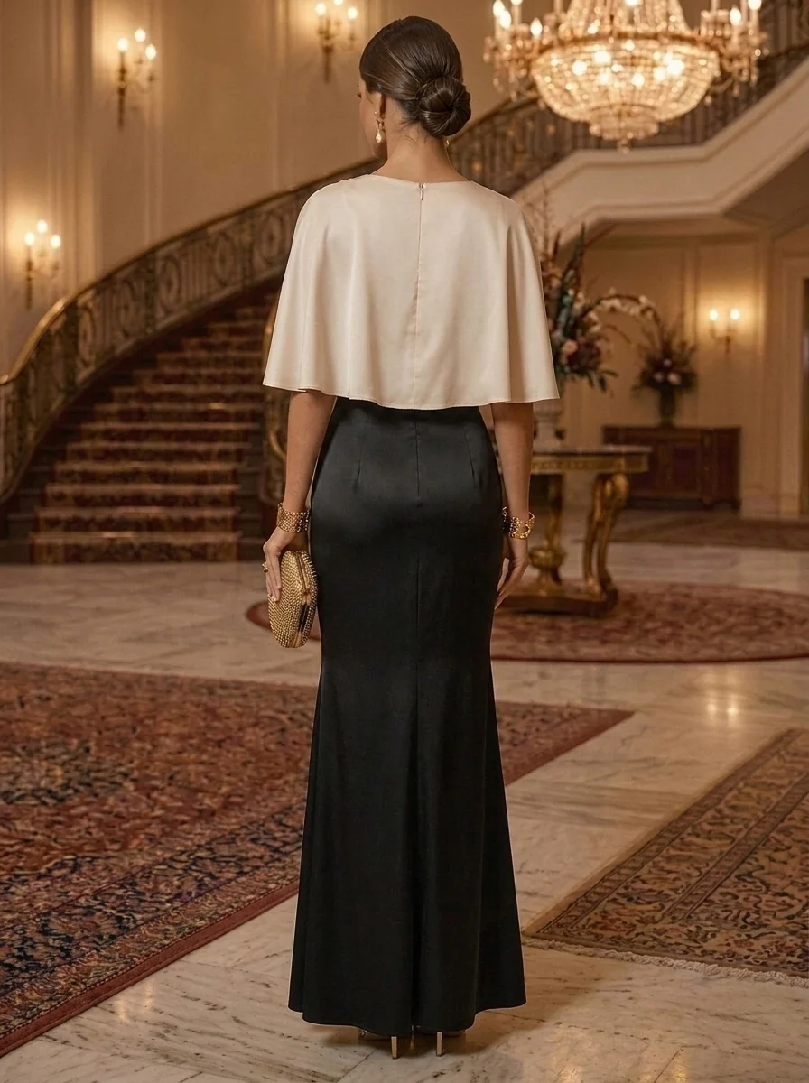 Sheath Scoop Silk Satin with 3D Flower Cape Sleeves Maxi Dresses