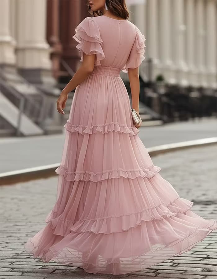 Blush Pink V-Neck Ruffled Tiered Chiffon Dress