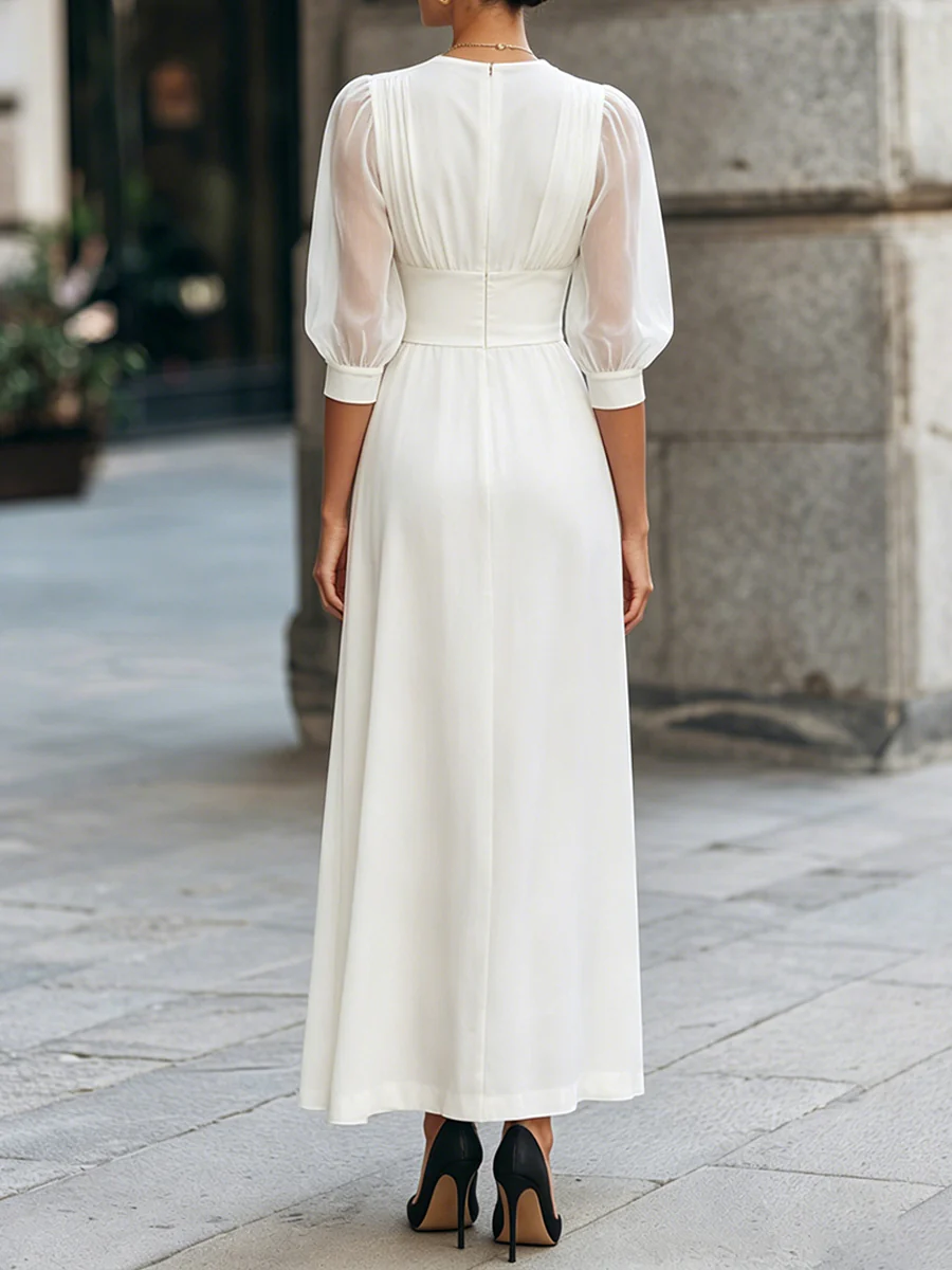 V-Neck Puff Sleeve Empire Waist Maxi Dress