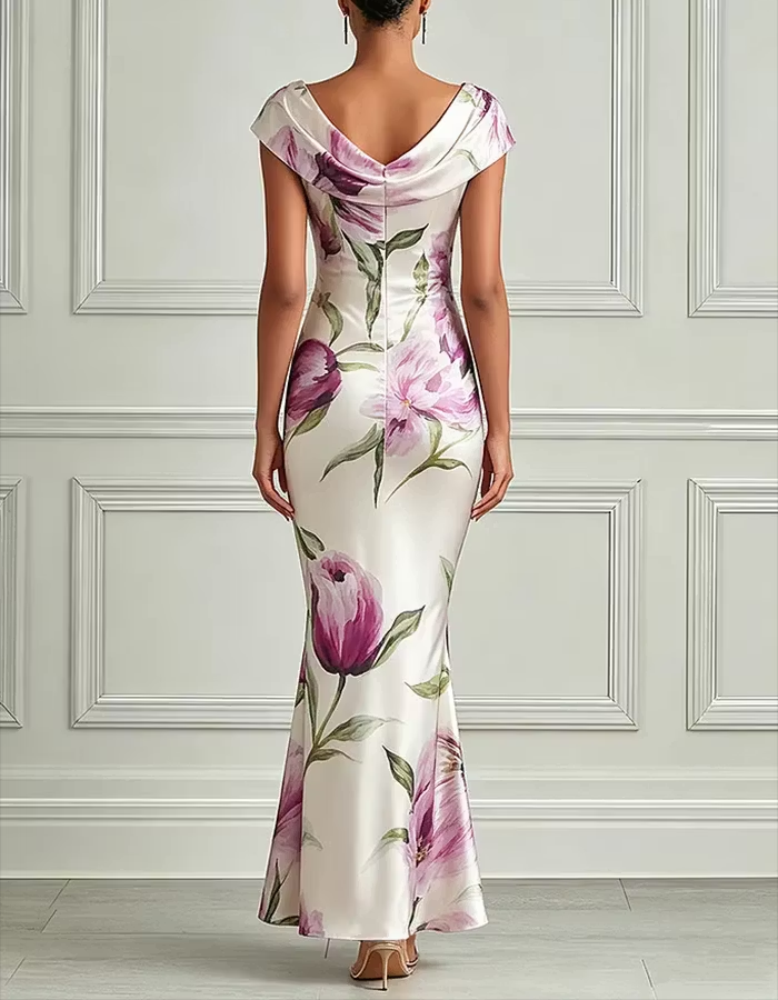 Cream Watercolor Floral Cowl-Neck Satin Mermaid Maxi Dress