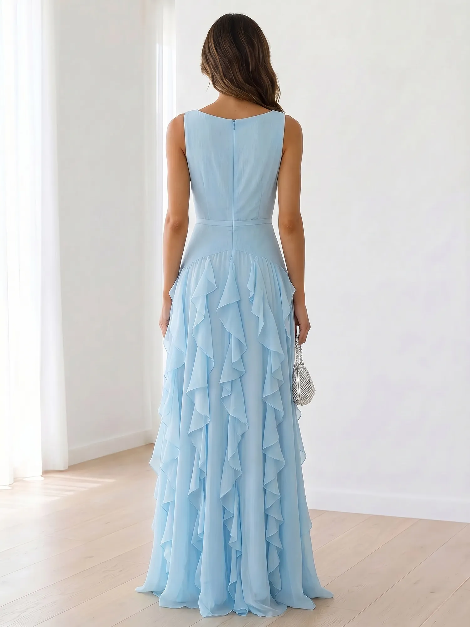 Sleeveless Tiered Chiffon Maxi Evening Gown with Ruched Bodice