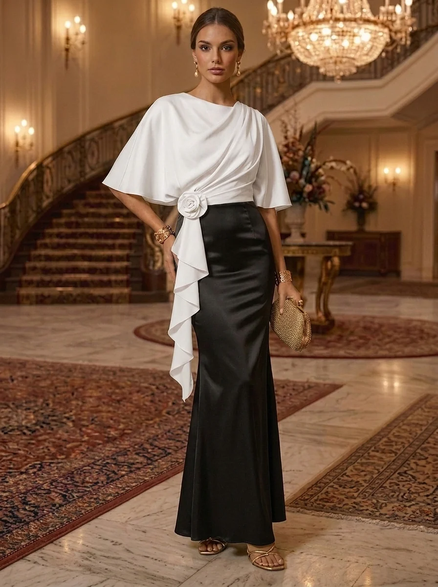 Sheath Scoop Silk Satin with 3D Flower Cape Sleeves Maxi Dresses