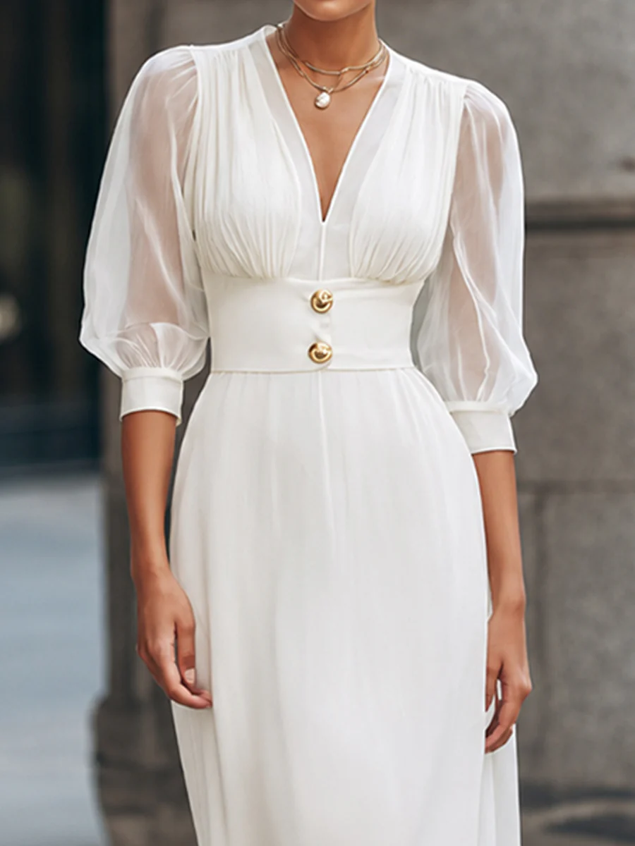 V-Neck Puff Sleeve Empire Waist Maxi Dress